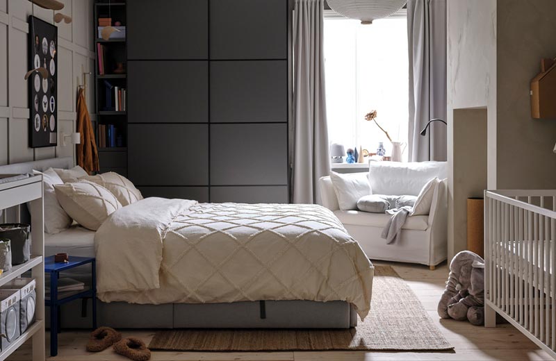 IKEA - A calm grey bedroom for parents and baby