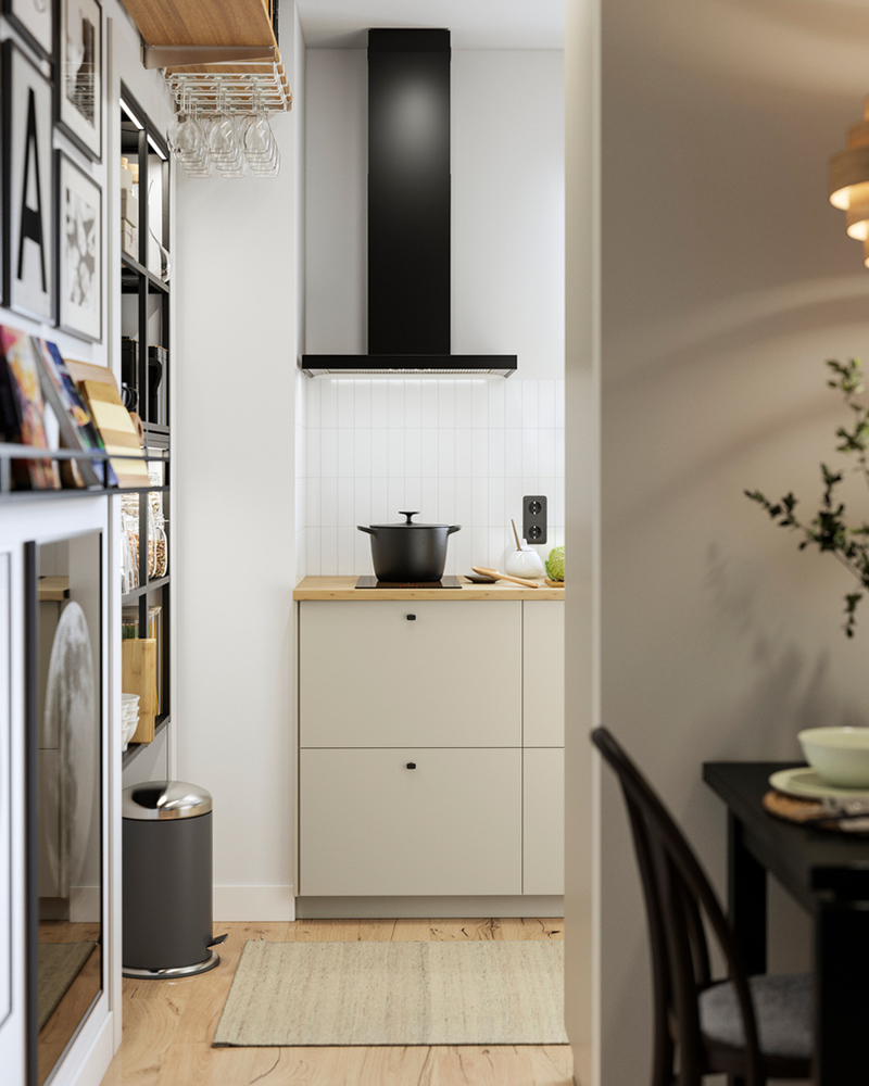 IKEA-acik bir his veren kucuk siyah ve bej mutfak 2