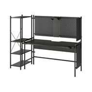 gaming desk and open shelving unit