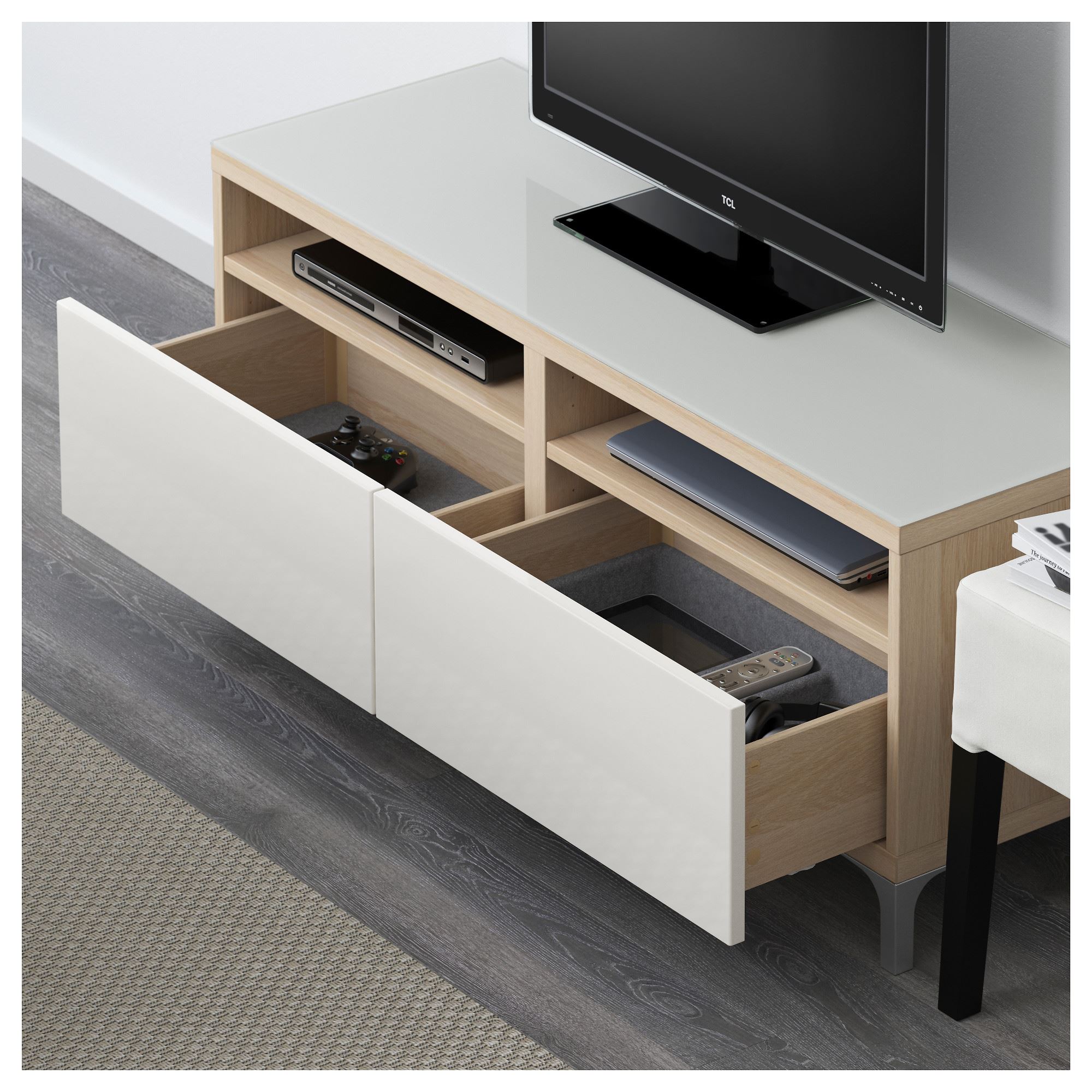 BESTA white stained oak effect/high-gloss/white 120x40x48 cm tv bench ...