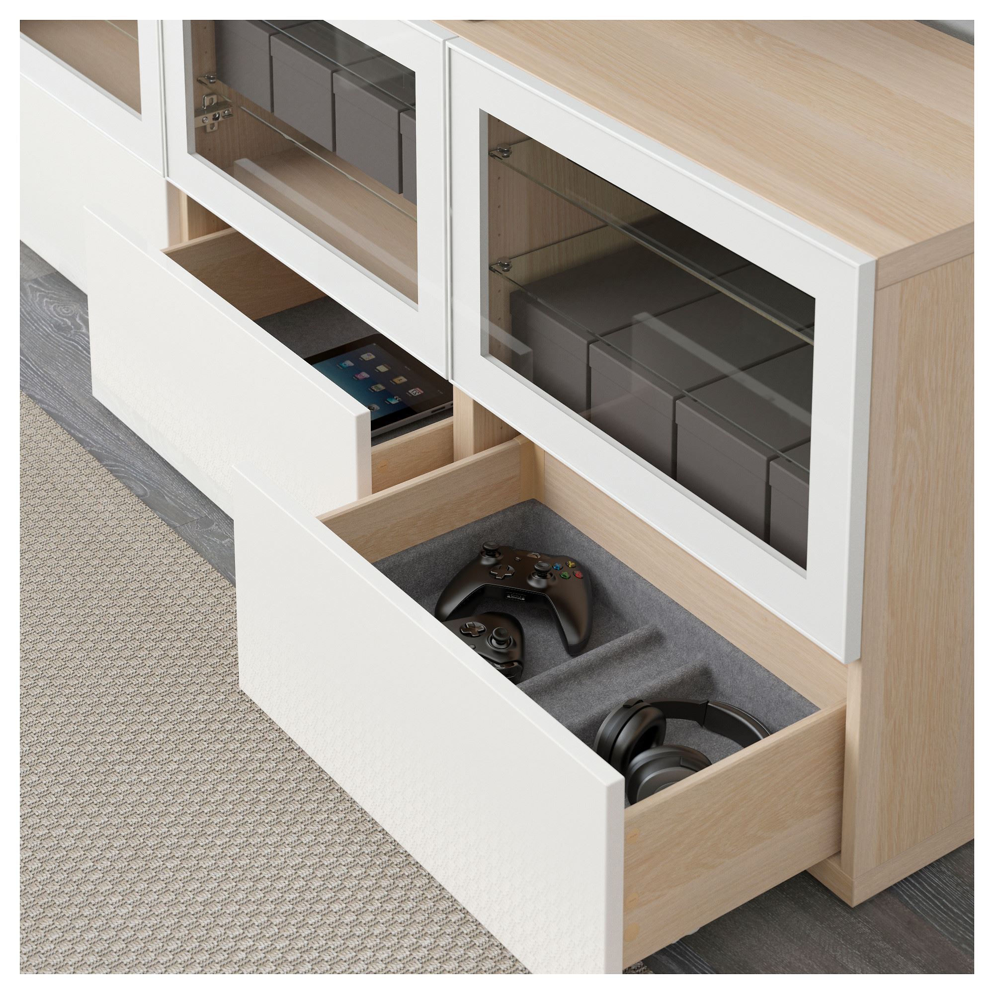 BESTA white stained oak effect/high-gloss/white/clear glass 180x40x64 ...