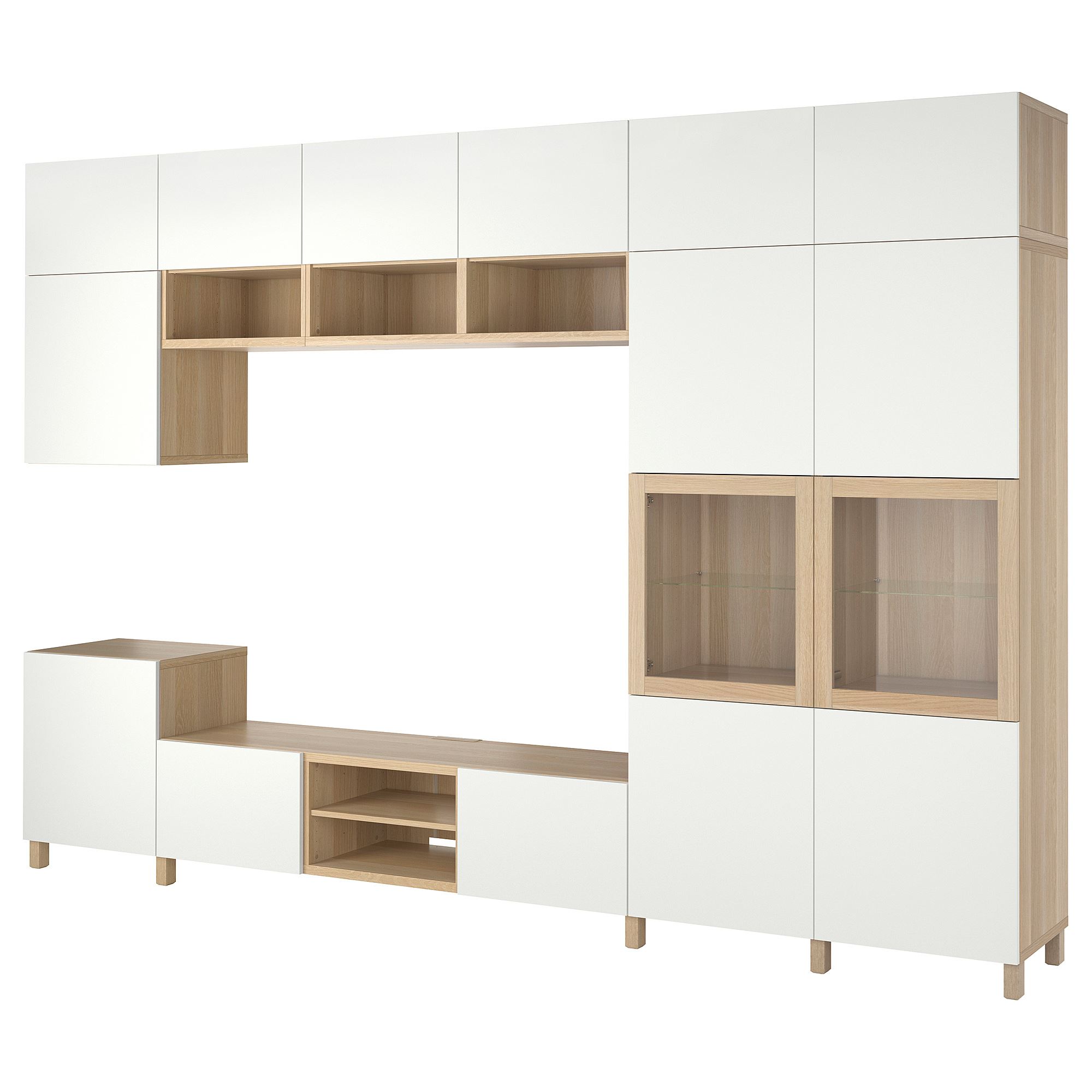BESTA white stained oak effect/white 360x42x240 cm tv storage unit