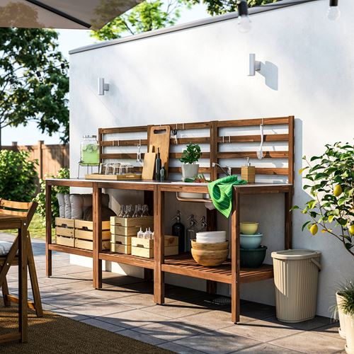 IKEA - NAMMARÖ, dış mekan lavabo ünitesi, açık kahverengi-paslanmaz çelik, 240x62 cm