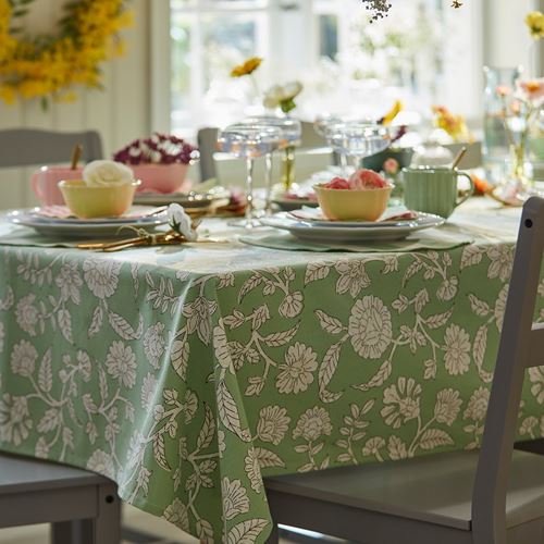 IKEA - SMÖRFISK, tablecloth, Floral pattern-green-white, 145x240 cm