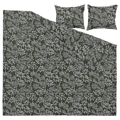 IKEA - DAGGBJORNBAR, double quilt cover and 2 pillowcases, dark green-floral pattern, 240x220/50x60 cm