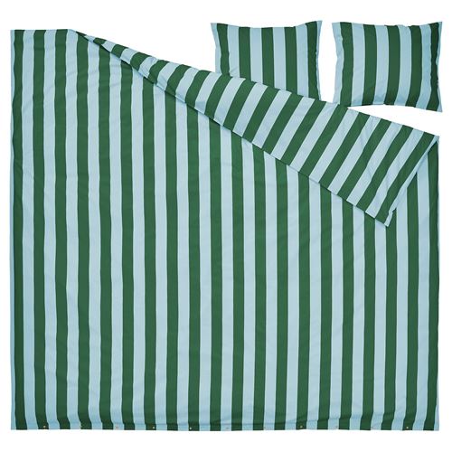 IKEA - SLANHOSTMAL, double quilt cover and 2 pillowcases, light blue-dark green-striped, 240x220/50x60 cm