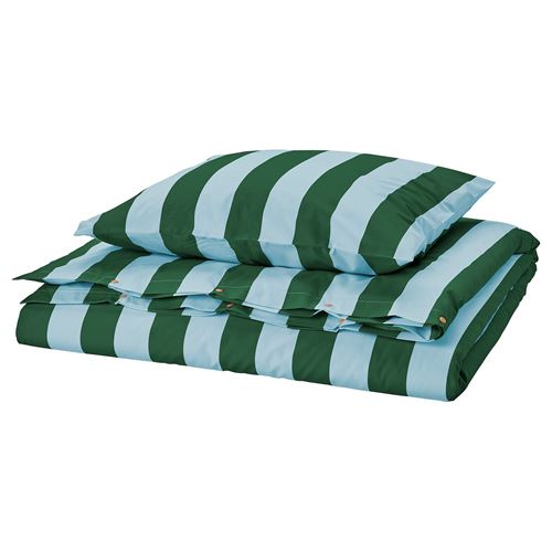 IKEA - SLANHOSTMAL, single duvet cover sets, light blue-dark green-striped, 150x200/50x60 cm