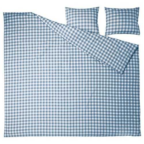IKEA - EKTANDVINGE, double quilt cover and 2 pillowcases, blue-check, 240x220/50x60 cm