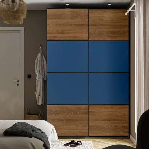 IKEA - MEHAMN, panels for sliding door frame, walnut look–blue, 75x236 cm