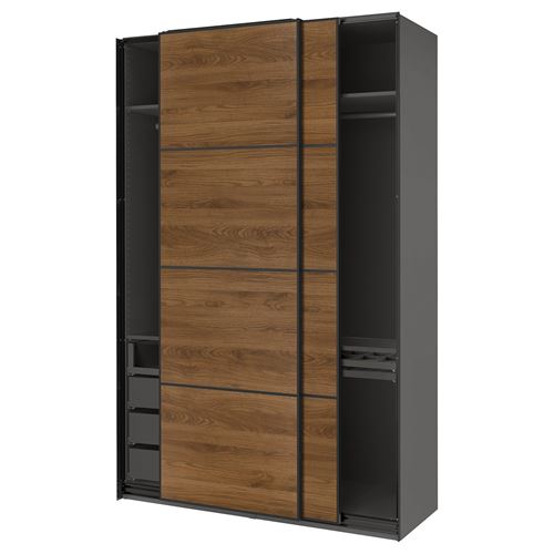 IKEA - PAX/MEHAMN, PAX sliding door wardrobe, dark gray–black–walnut, 150x66x236 cm
