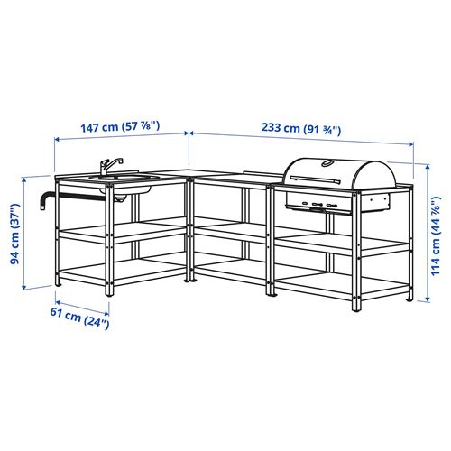 IKEA - GRILLSKAR, lavabo ünitesi ve kömürlü barbekü, paslanmaz çelik-siyah, 233x147 cm