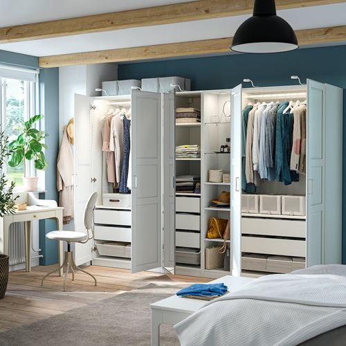 IKEA - PAX/KAMMARTORP/TYSSEDAL, PAX wardrobe, white-mirror glass, 285x60x201 cm