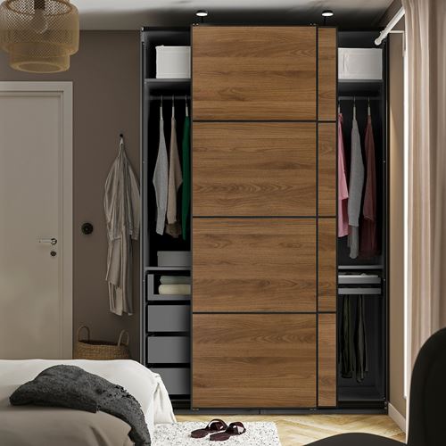 IKEA - PAX/MEHAMN, PAX sliding door wardrobe, dark gray–black–walnut, 150x66x236 cm