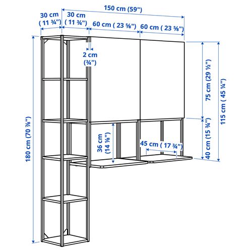 IKEA - ENHET/TVALLEN, raf ünitesi, beyaz, 150x45x180 cm
