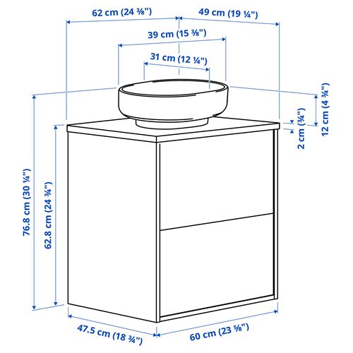 IKEA - HAVBACK/TOLKEN/VINDELALVEN, wash-basin and cabinet, dark grey-white marble effect, 62x49x77 cm