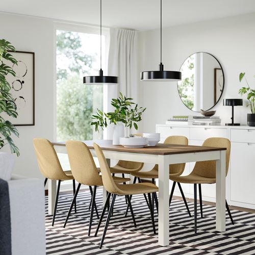 IKEA - ALHULT/NORDMANSSKAR, dining set, beige/brown-Letafors yellow/beige-black, 6 chairs