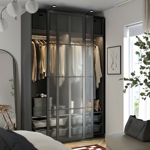 IKEA - PAX/LUNDBRASMA, PAX sliding door wardrobe, dark grey/black, 150x66x236 cm