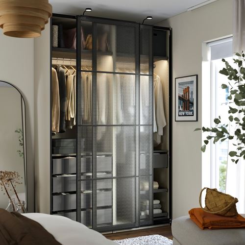 IKEA - PAX/LUNDBRASMA, PAX sürgü kapaklı gardırop, gri-bej-siyah, 150x66x236 cm