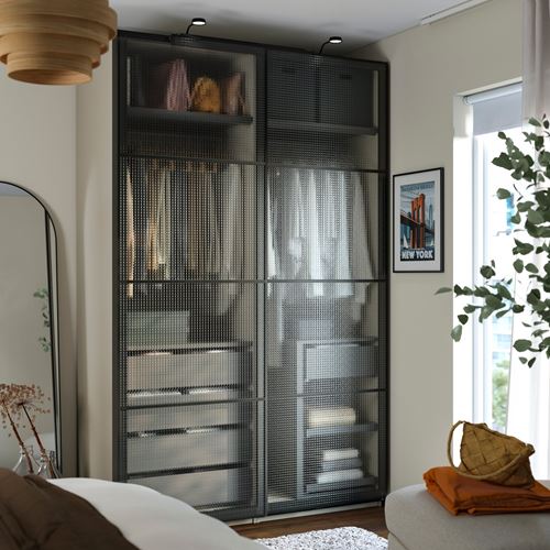 IKEA - PAX/LUNDBRASMA, PAX sürgü kapaklı gardırop, gri-bej-siyah, 150x66x236 cm