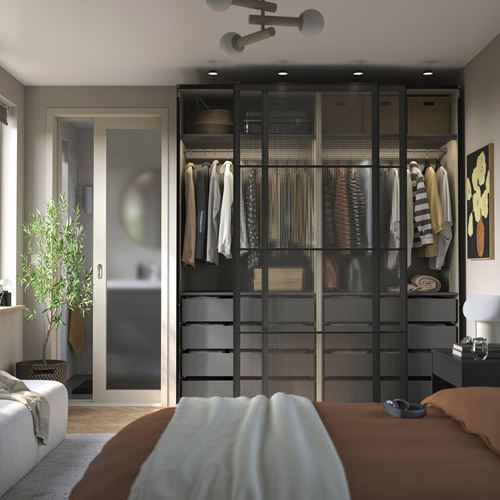 IKEA - PAX/LUNDBRASMA, PAX sürgü kapaklı gardırop, gri-bej-siyah, 200x66x236 cm