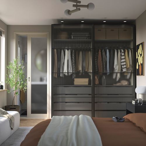 IKEA - PAX/LUNDBRASMA, PAX sürgü kapaklı gardırop, gri-bej-siyah, 200x66x236 cm
