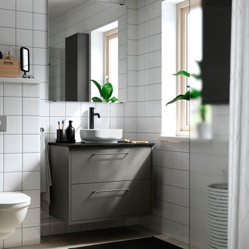 IKEA - HAVBACK/TOLKEN/VINDELALVEN, wash-basin and cabinet, dark grey-black marble effect, 82x49x77 cm