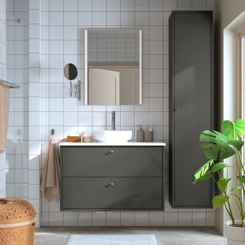 IKEA - HAVBACK/TOLKEN/VINDELALVEN, lavabo dolabı kombinasyonu, koyu gri-beyaz mermer görünüm, 102x49x77 cm