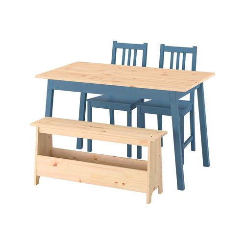 IKEA - PINNTORP/PERJOHAN, kitchen table set, light brown dyed-blue painted pine, 2 chairs and bank