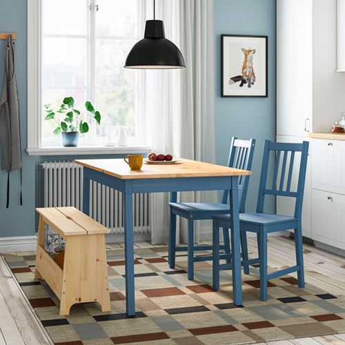 IKEA - PINNTORP/PERJOHAN, kitchen table set, light brown dyed-blue painted pine, 2 chairs and bank
