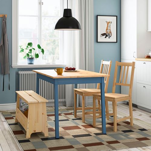 IKEA - PINNTORP/PERJOHAN, kitchen table set, light brown-blue painted pine, 2 chairs and bank