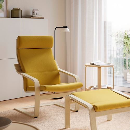IKEA - POANG, sallanan koltuk ve ayak uzatma taburesi, kelinge koyu sarı-huş