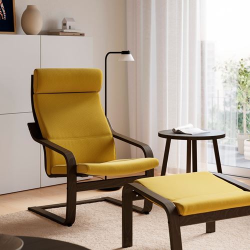IKEA - POANG, rocking-chair and footstool, dark green-kelinge ochre