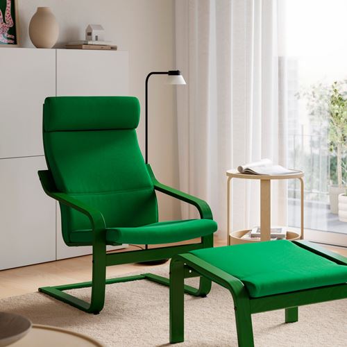 IKEA - POANG, rocking-chair and footstool, vissle glossy dark green-birch