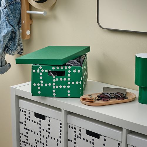 IKEA - FJADERHARV, box with lid, green/white, 25x35x16 cm