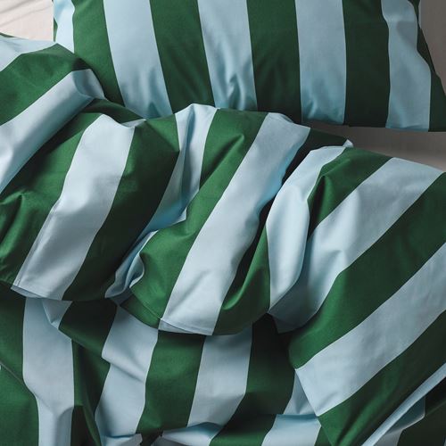 IKEA - SLANHOSTMAL, single duvet cover sets, light blue-dark green-striped, 150x200/50x60 cm