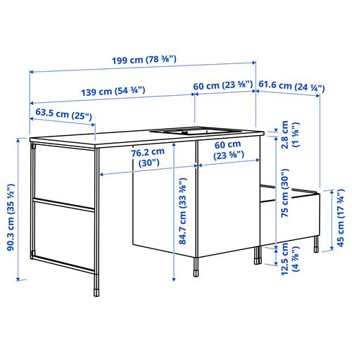IKEA - ENHET/TVALLEN, çamaşır odası ve banyo için dolap kombinasyonu, beyaz, 199x63,5x90 cm