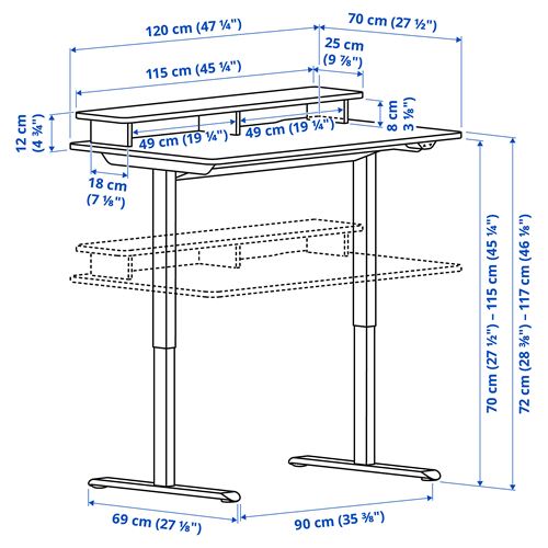 IKEA - TRAVSPORT, height adjustable desk, beige-oak look, 120x70 cm