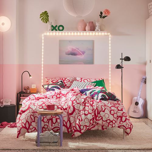 IKEA - HARLIR, çift kişilik nevresim seti, beyaz-pembe, 240x220/50x60 cm