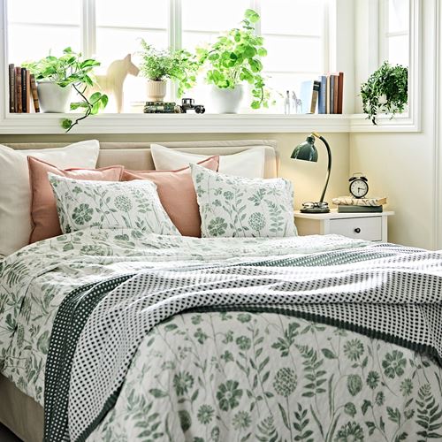 IKEA - NALBJÖRNBAR, double quilt cover and 2 pillowcases, white/grey/green, 240x220/50x60 cm