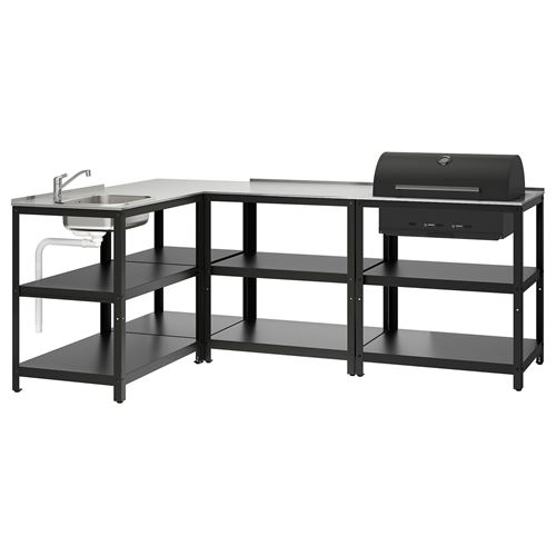 IKEA - GRILLSKAR, lavabo ünitesi ve kömürlü barbekü, paslanmaz çelik-siyah, 233x147 cm