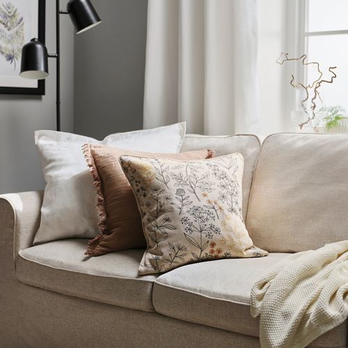 IKEA - HALLONBUSKE, cushion cover, unbleached-floral pattern, 48x48 cm