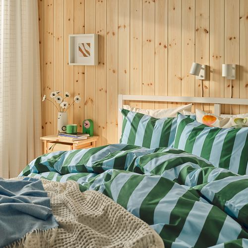 IKEA - SLANHOSTMAL, single duvet cover sets, light blue-dark green-striped, 150x200/50x60 cm