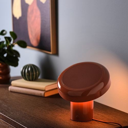 IKEA - BLOMPRAKT, bluetooth hoparlörlü lamba, kırmızı-kahverengi