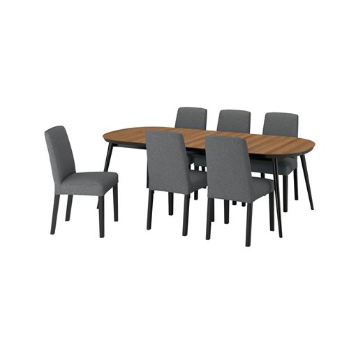 IKEA - TJARKIL/BERGMUND, dining set, Black walnut veneer-Gunnared dark grey black, 6 chairs