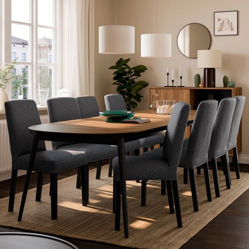 IKEA - TJARKIL/BERGMUND, dining set, Black walnut veneer-Gunnared dark grey black, 8 chairs