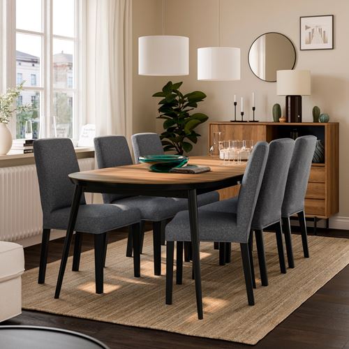 IKEA - TJARKIL/BERGMUND, dining set, Black walnut veneer-Gunnared dark grey black, 6 chairs