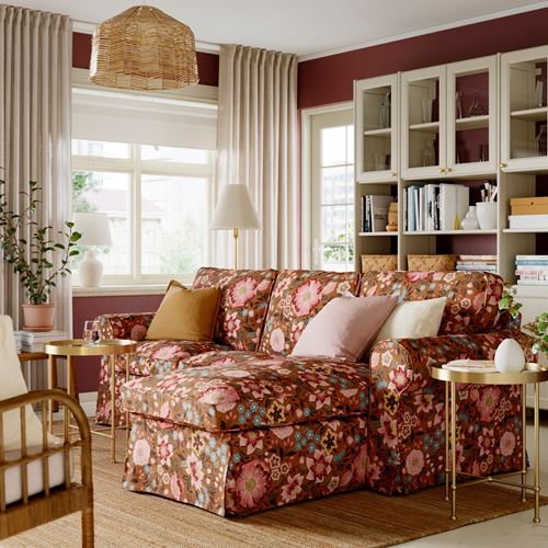 IKEA - EKTORP, 3-seat sofa with chaise longue, mangbyn brown-multicolour
