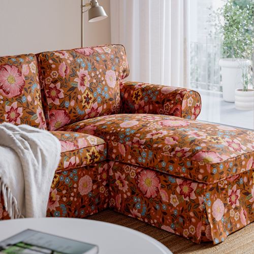 IKEA - EKTORP, 3-seat sofa with chaise longue, mangbyn brown-multicolour