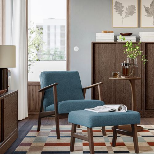 IKEA - EKENASET, armchair, walnut effect-axvall dark grey-blue