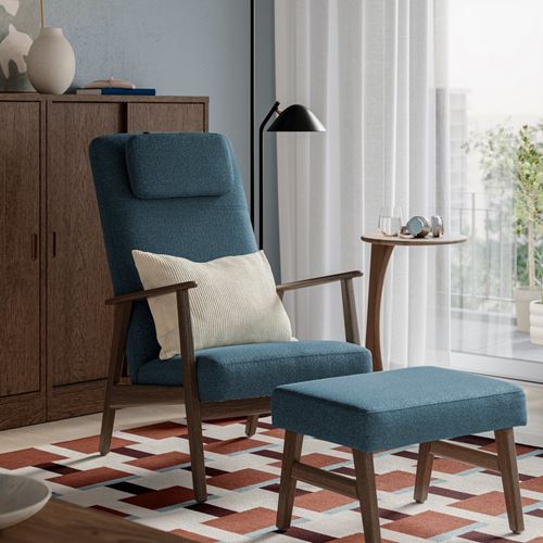 IKEA - EKENASET, high-back armchair, walnut effect-axvall dark grey-blue